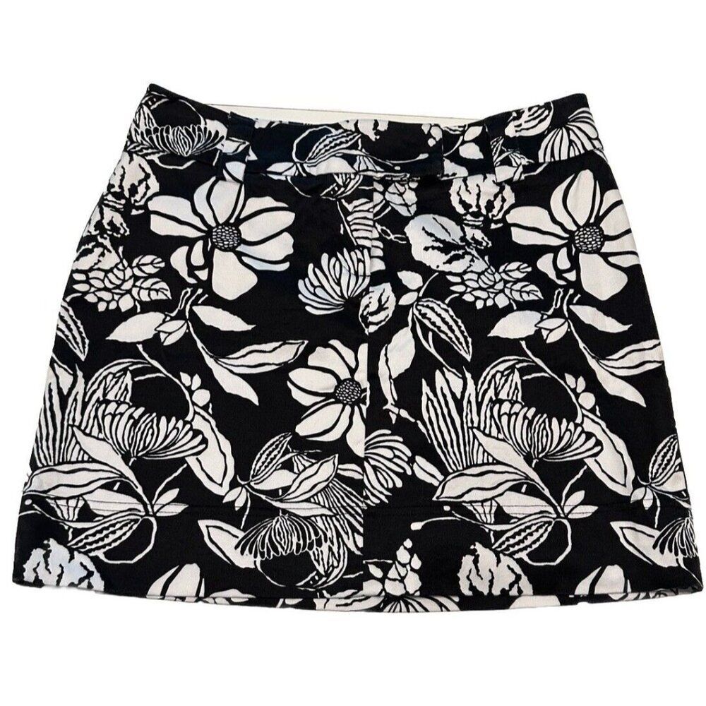 White House Black Market Mini Skirt Womens 0 Hawaiian Floral Black White Zip